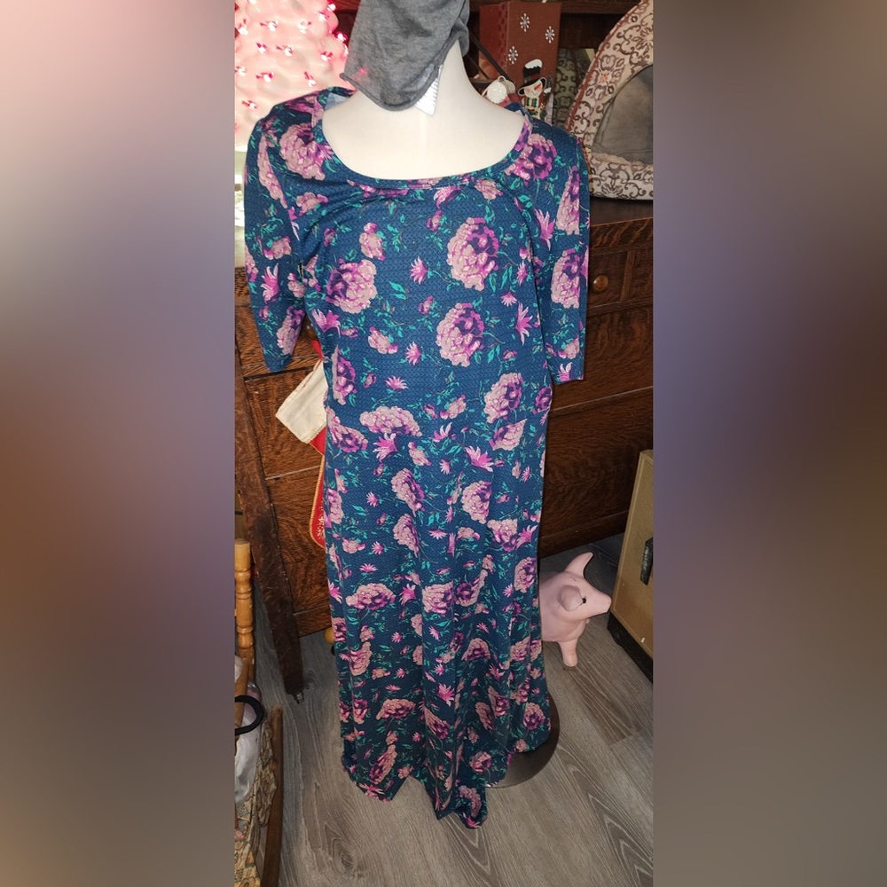 LuLaRoe Ana maxi dress, 2xl, blue teal-ish with purple/pink floral